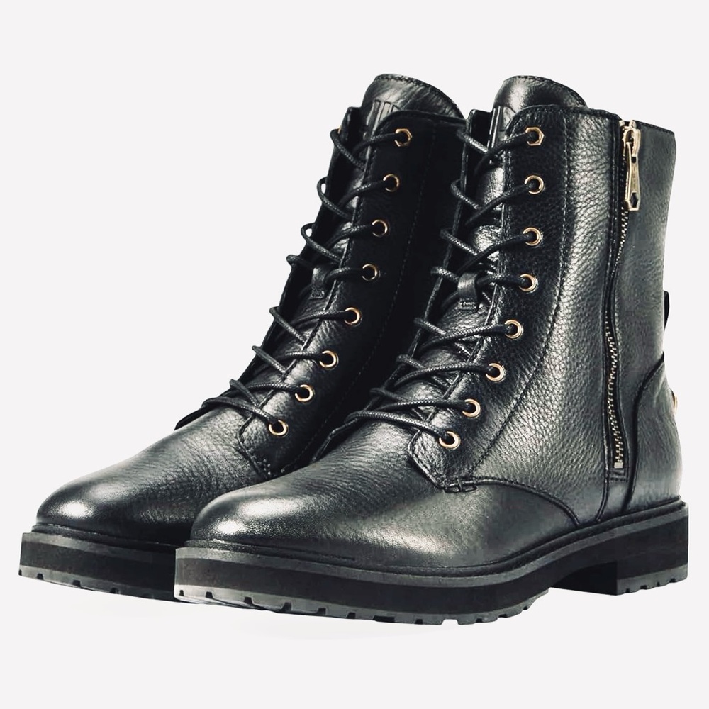 COLE HAAN Women's Black Leather Greenwich Lace-Up Combat Boots, Size 6.5